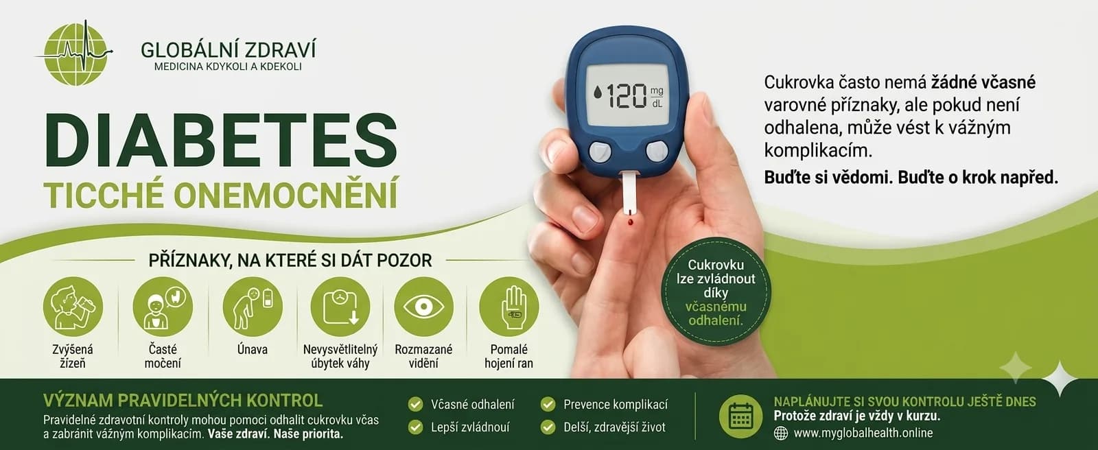 Informationsbanner zum Thema Diabetes: Eine Hand hält ein Blutzuckermessgerät mit dem Messwert 120 mg/dL und einem Teststreifen mit einem Blutstropfen. Oben links das Logo „Global Health". Die Hauptüberschrift lautet: „DIABETES – DIE STILLE KRANKHEIT". Der Text neben dem Messgerät weist darauf hin, dass Diabetes oft lange keine spürbaren Warnzeichen zeigt.