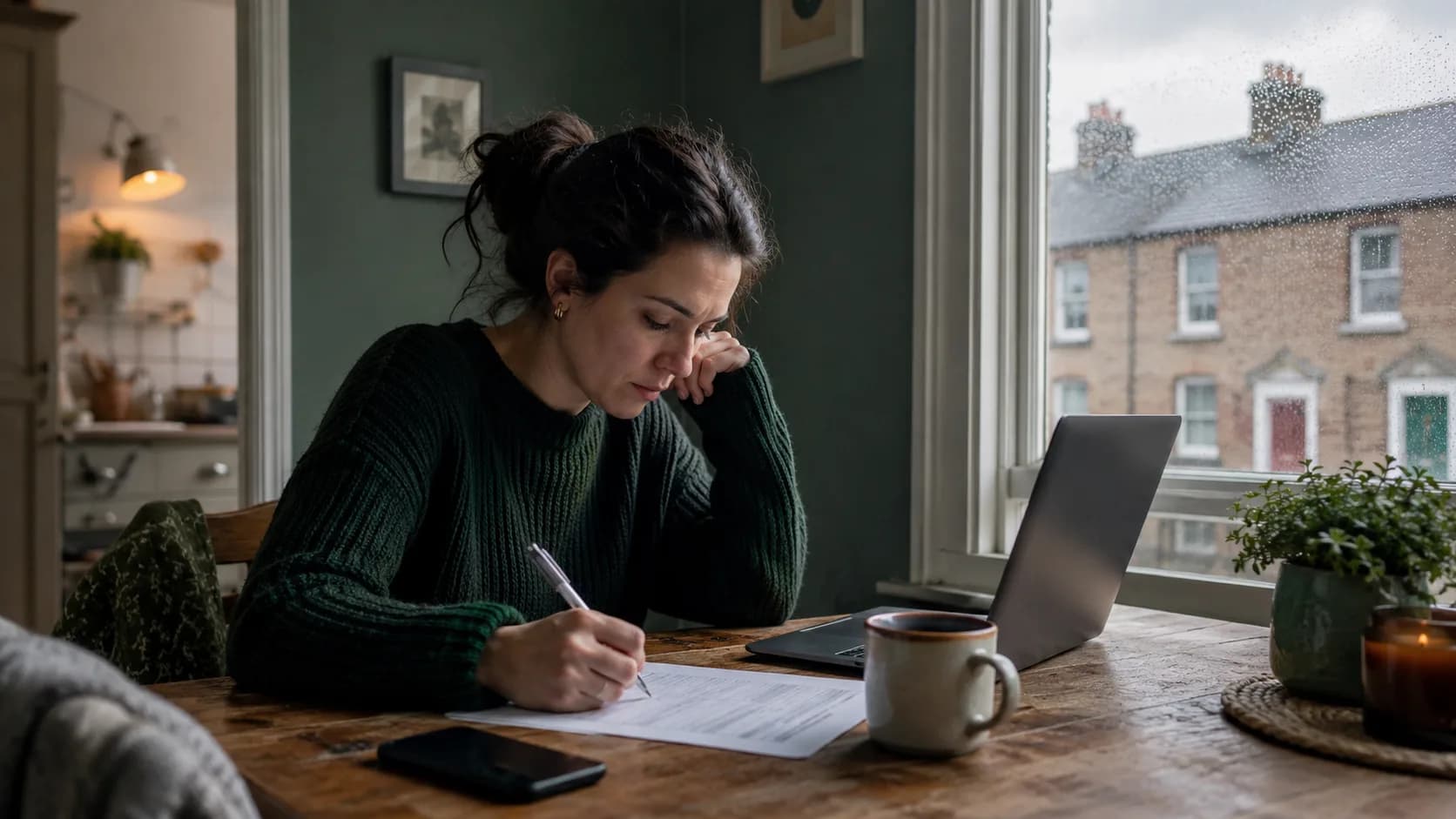 Femeie la masa din bucătărie, într-o casă din Dublin, completează cererea de Illness Benefit lângă laptop, cu ploaie la fereastră.