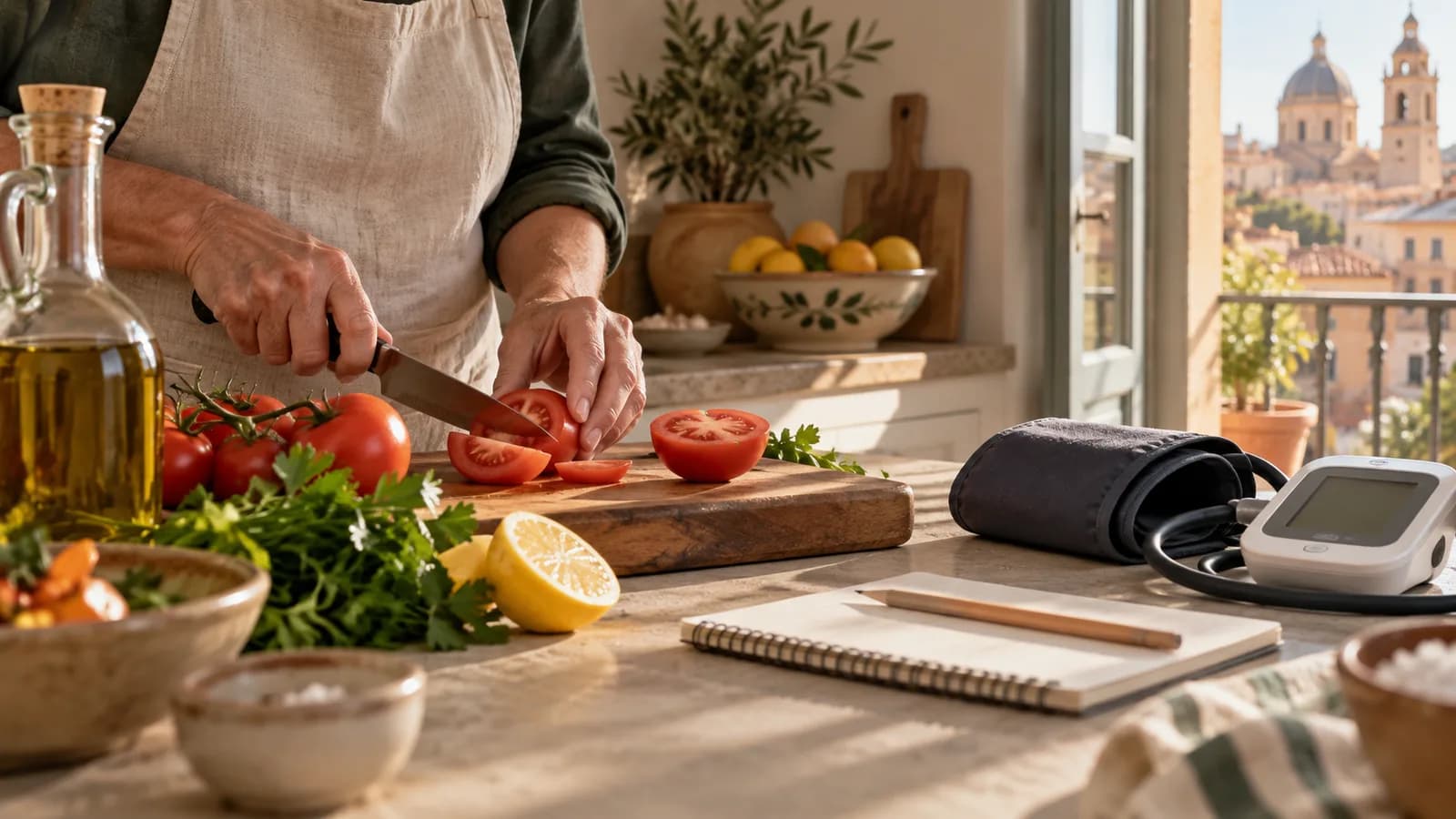 Manos cortando tomates junto a aceite de oliva, perejil y un tensiómetro de brazo con cuaderno en una cocina mediterránea.