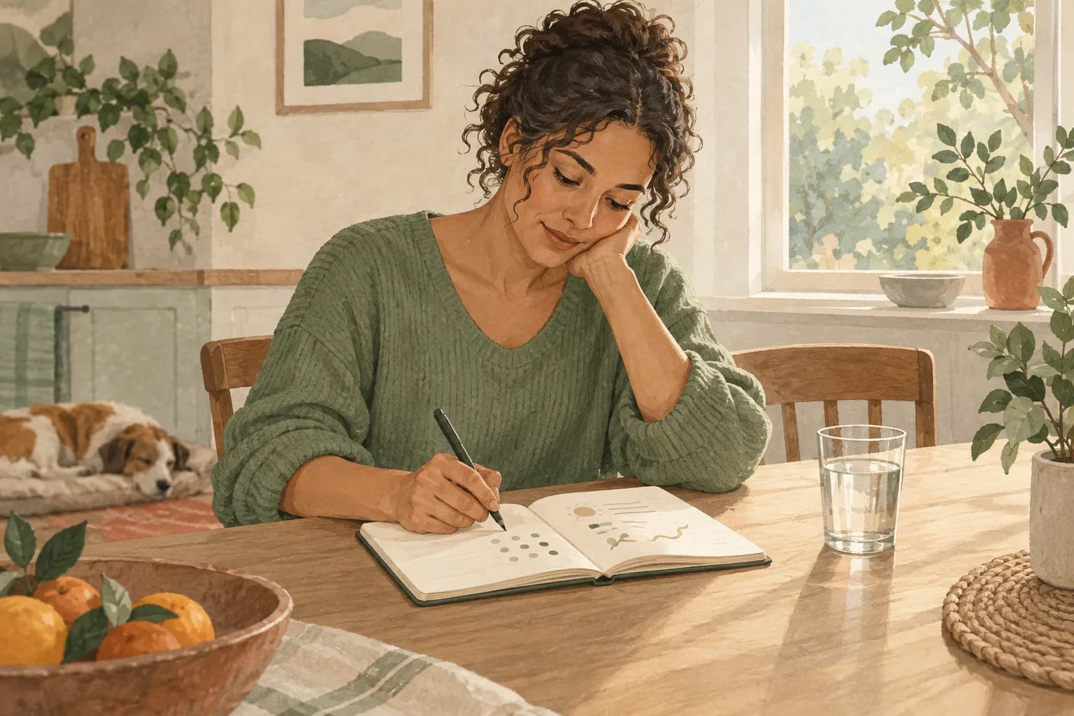 Notebook prepared for recording headache symptoms beside a glass of water in a quiet Irish home