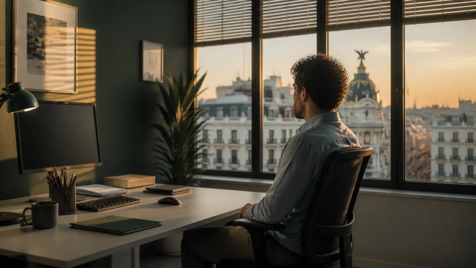 Trabajadora sentada en una oficina de Madrid con la silla girada hacia la ventana y la pantalla apagada al final de la jornada.