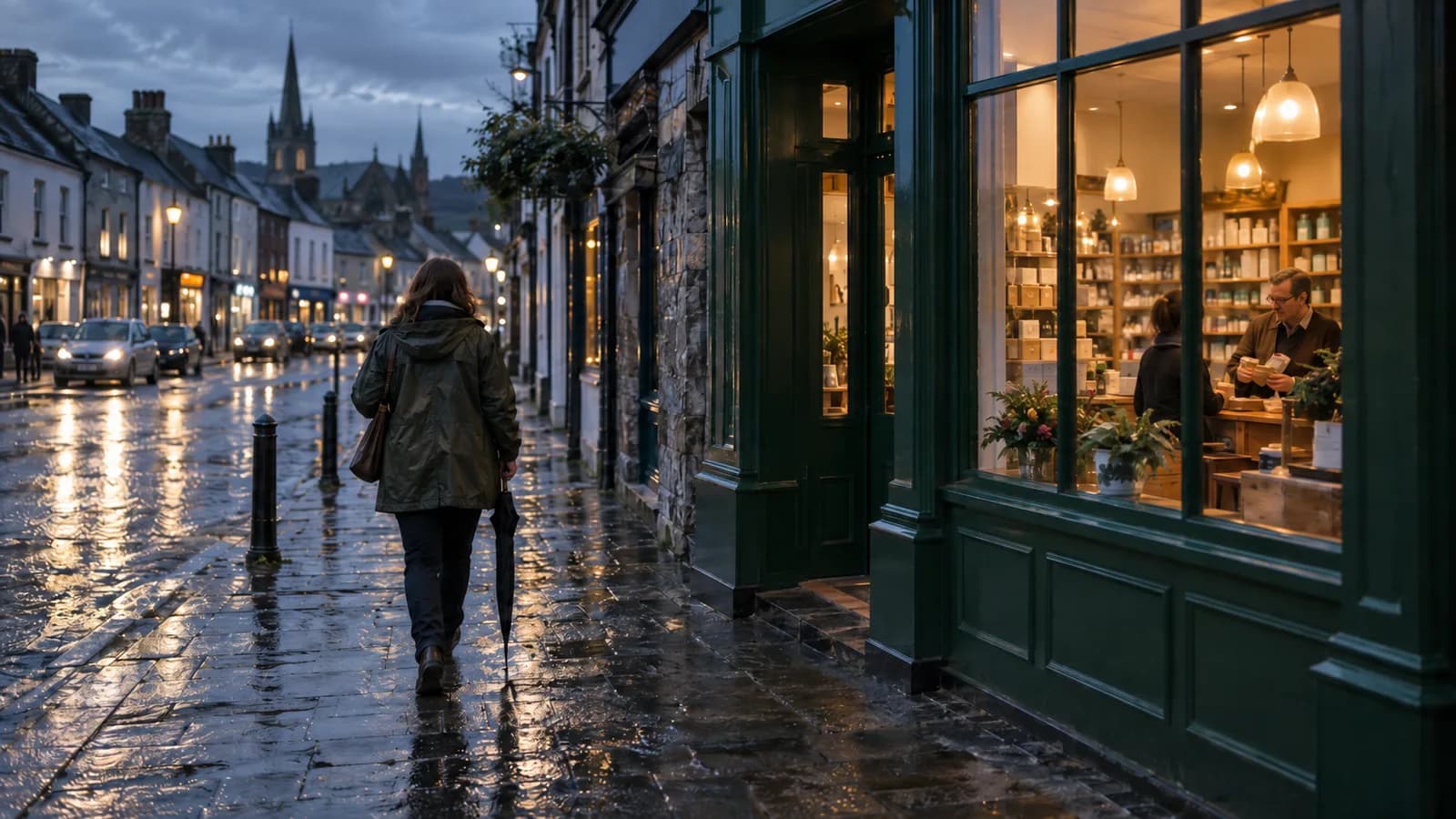An Irish pharmacy glowing on a rainy evening street as a woman walks towards the door.