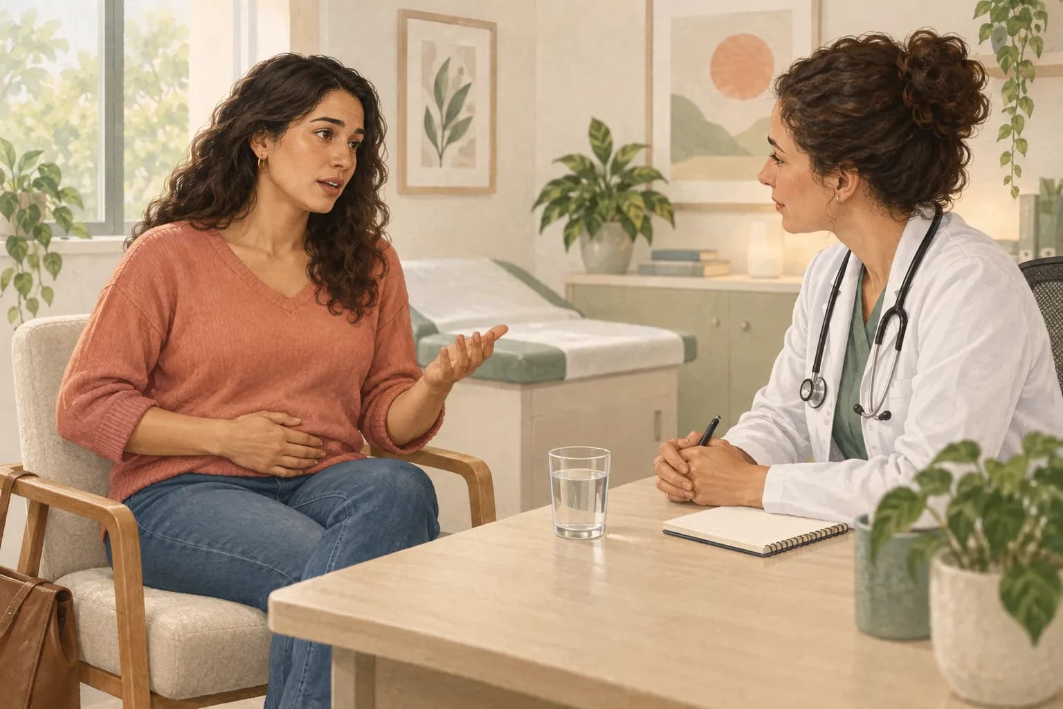 An adult woman discusses urinary symptoms with a female doctor in a bright consultation room.