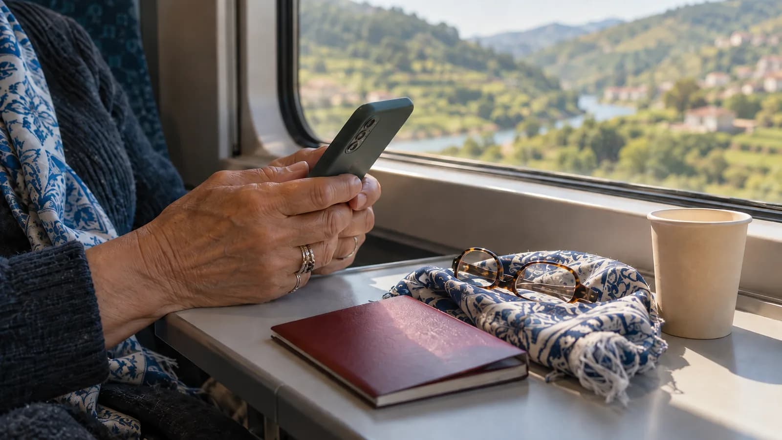 A woman's hands holding a mobile phone next to a passport on a train journey in Portugal.