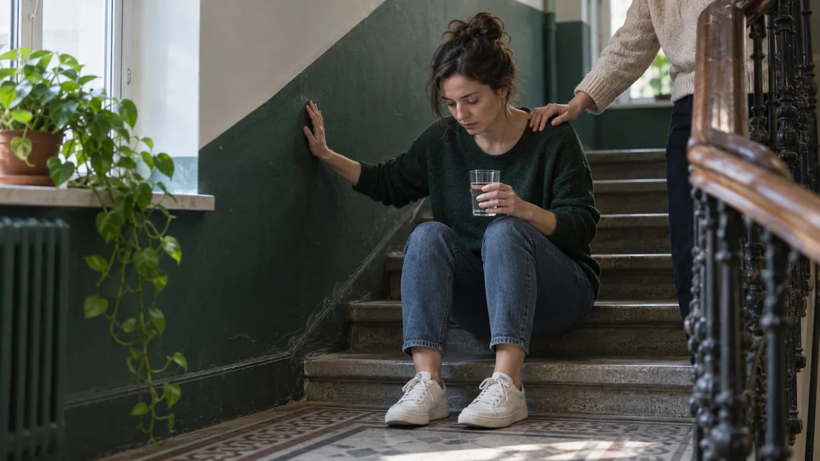 Femeie așezată pe o treaptă în holul unui bloc, cu un pahar cu apă în mână și mâna unei persoane pe umăr, după o amețeală.