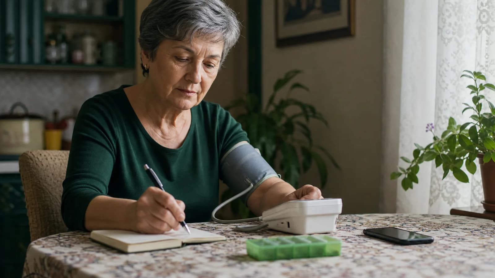 Pacientă își măsoară tensiunea la masa din bucătărie și își notează valorile într-un caiet, lângă cutia cu medicamente.