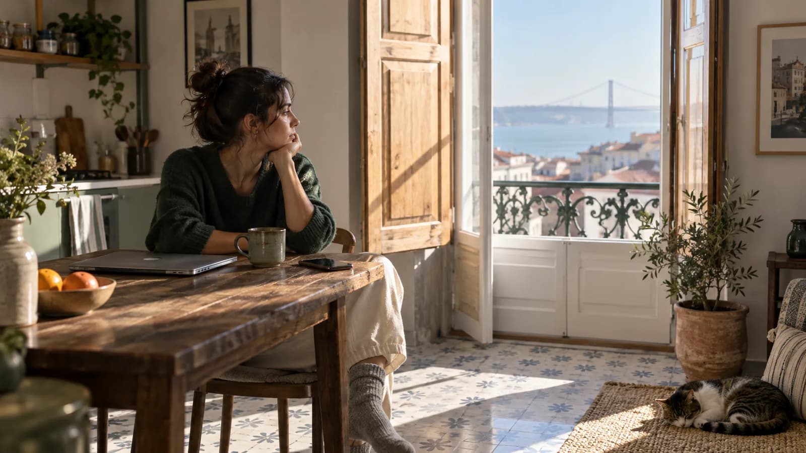 Woman sitting at her kitchen table in Lisbon, laptop closed, looking out the window on the first day of psychological sick leave.