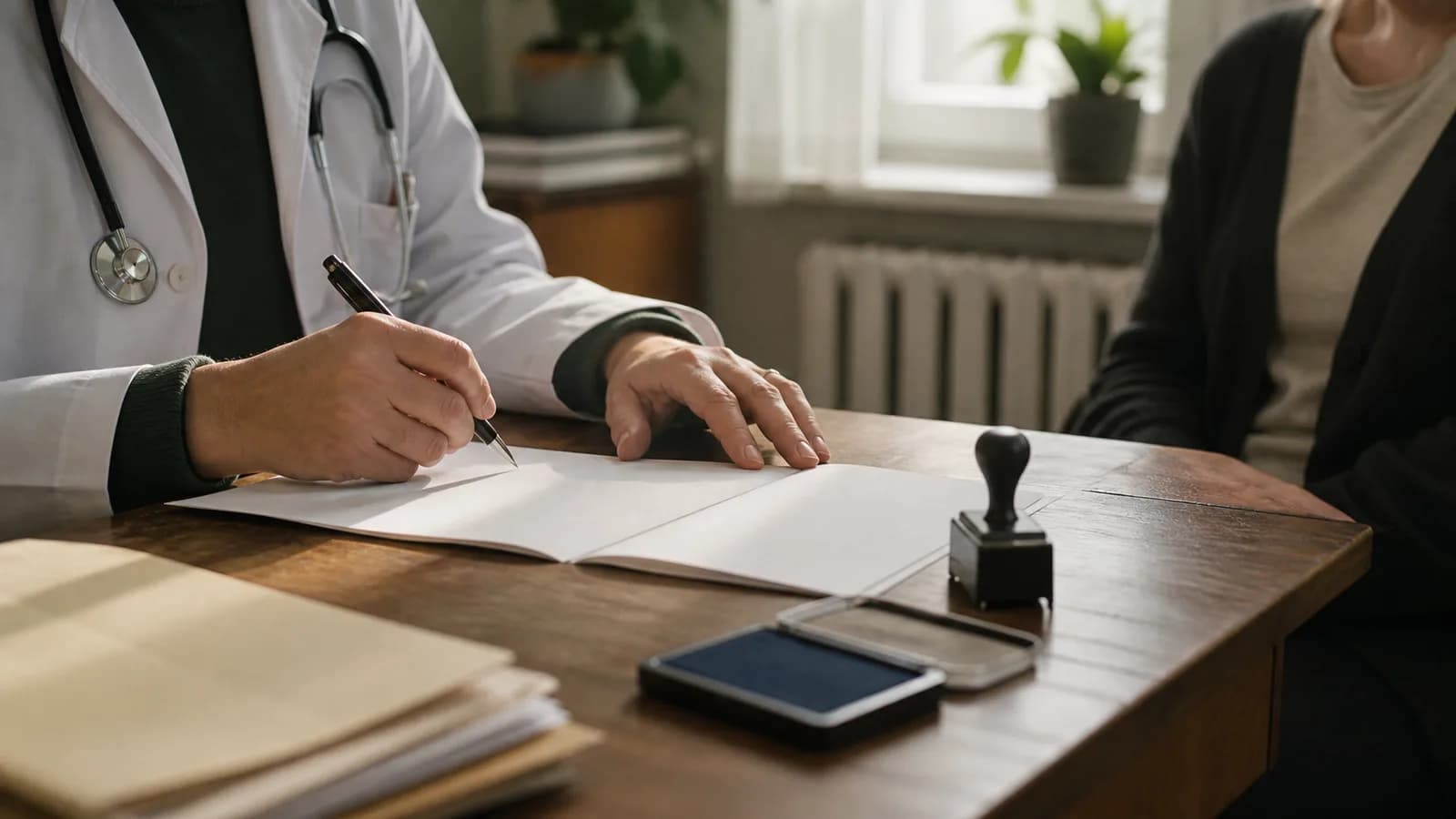 Medic specialist completează scrisoarea medicală în două exemplare, cu ștampila pe birou și pacientul în fața sa.