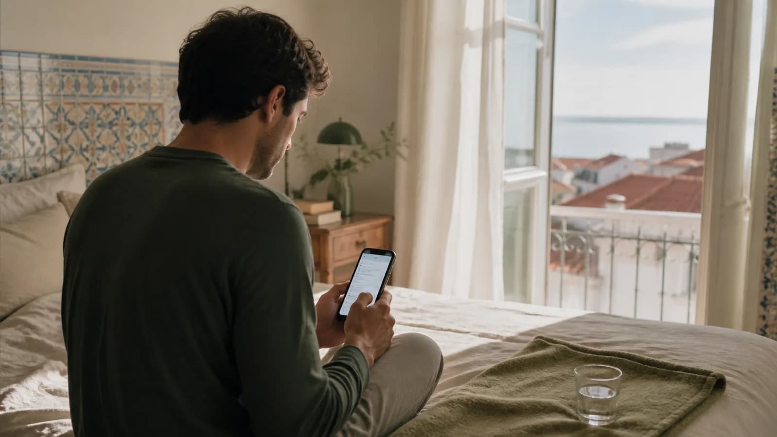 Woman sitting on the edge of the bed in a Lisbon bedroom, completing a self-declaration of illness on her phone.
