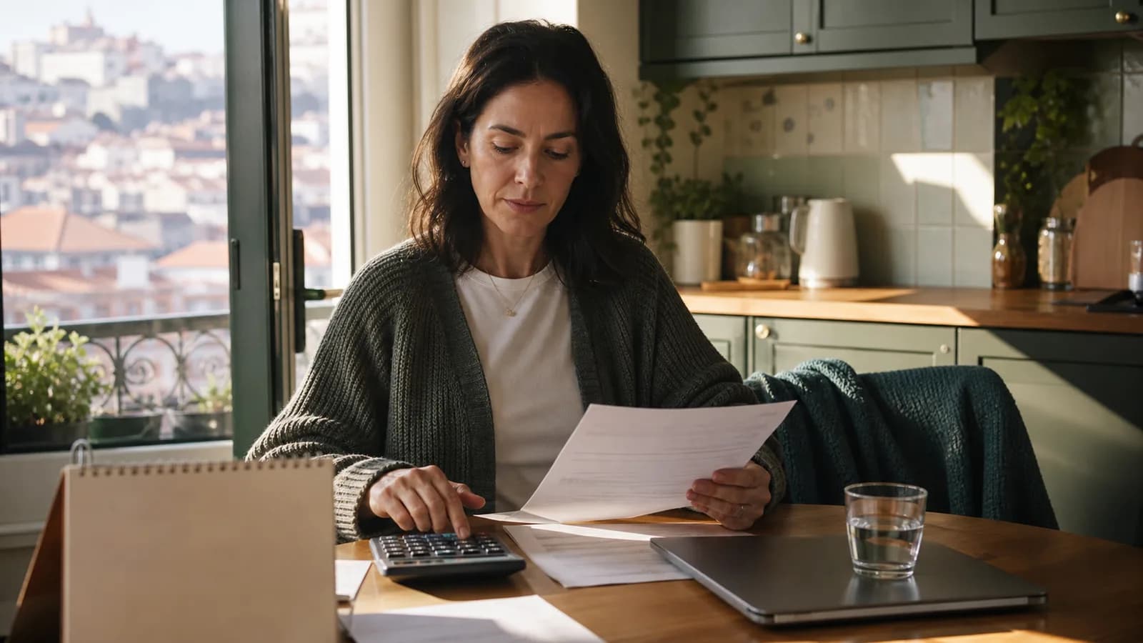 Woman calculates sick-leave pay at home with documents, a calendar and calculator on the table.