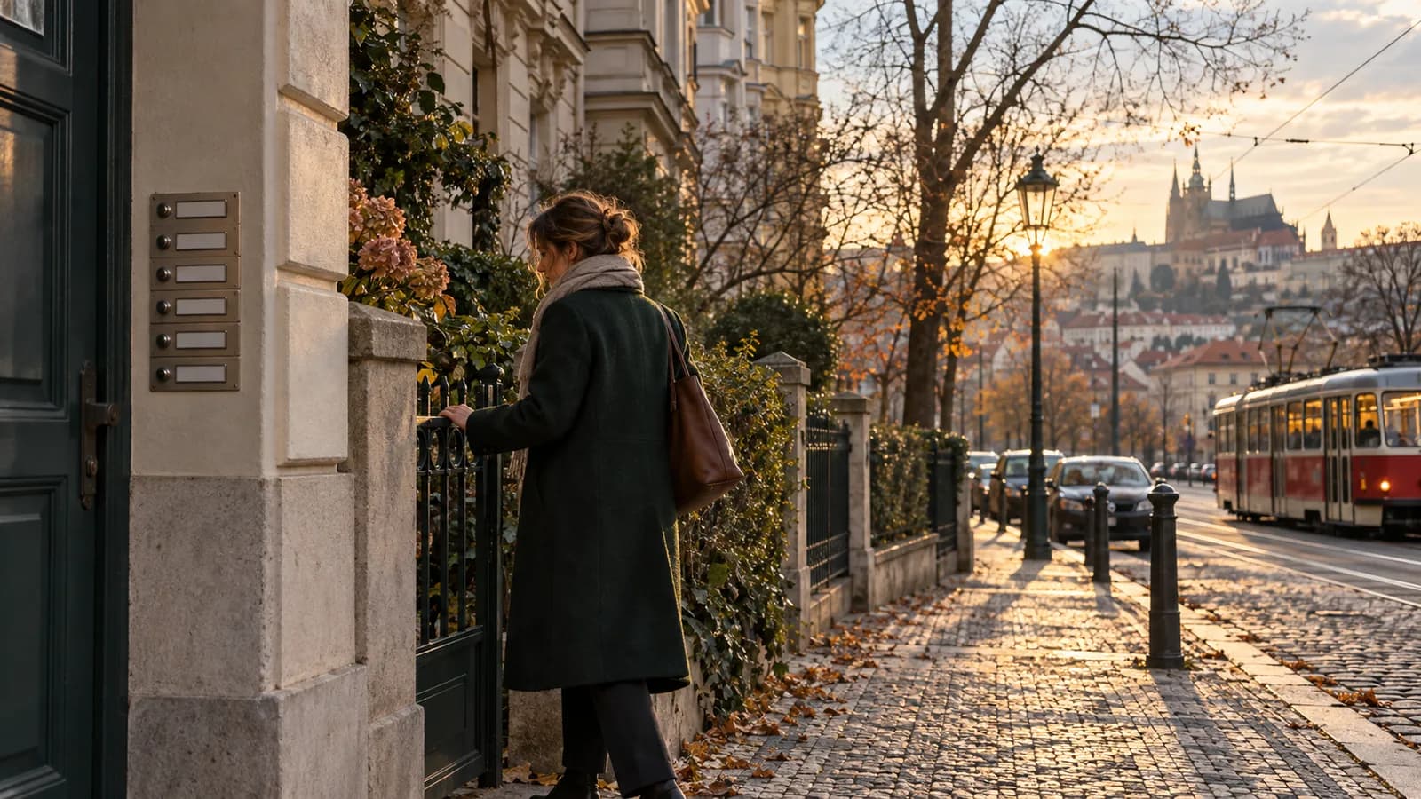 A woman in a coat returning from a permitted outing during sick leave to a front door in Prague, with a panel of doorbells beside the entrance.