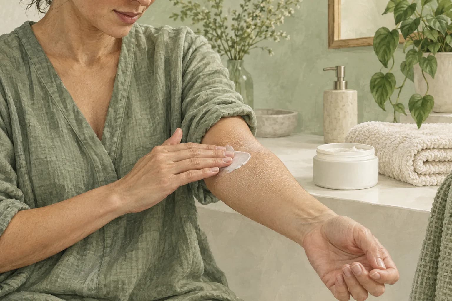 Illustration of an adult woman gently applying moisturising cream to dry skin on her forearm