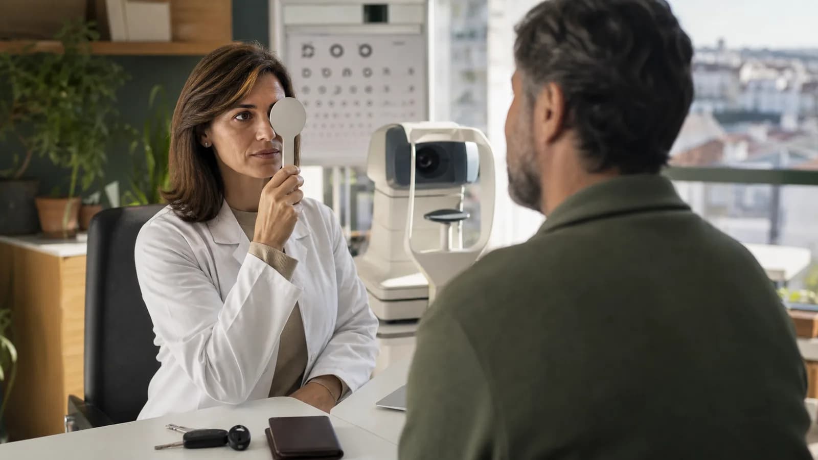 Doctor checks a driver's vision during the medical assessment for a Portuguese driving licence certificate.