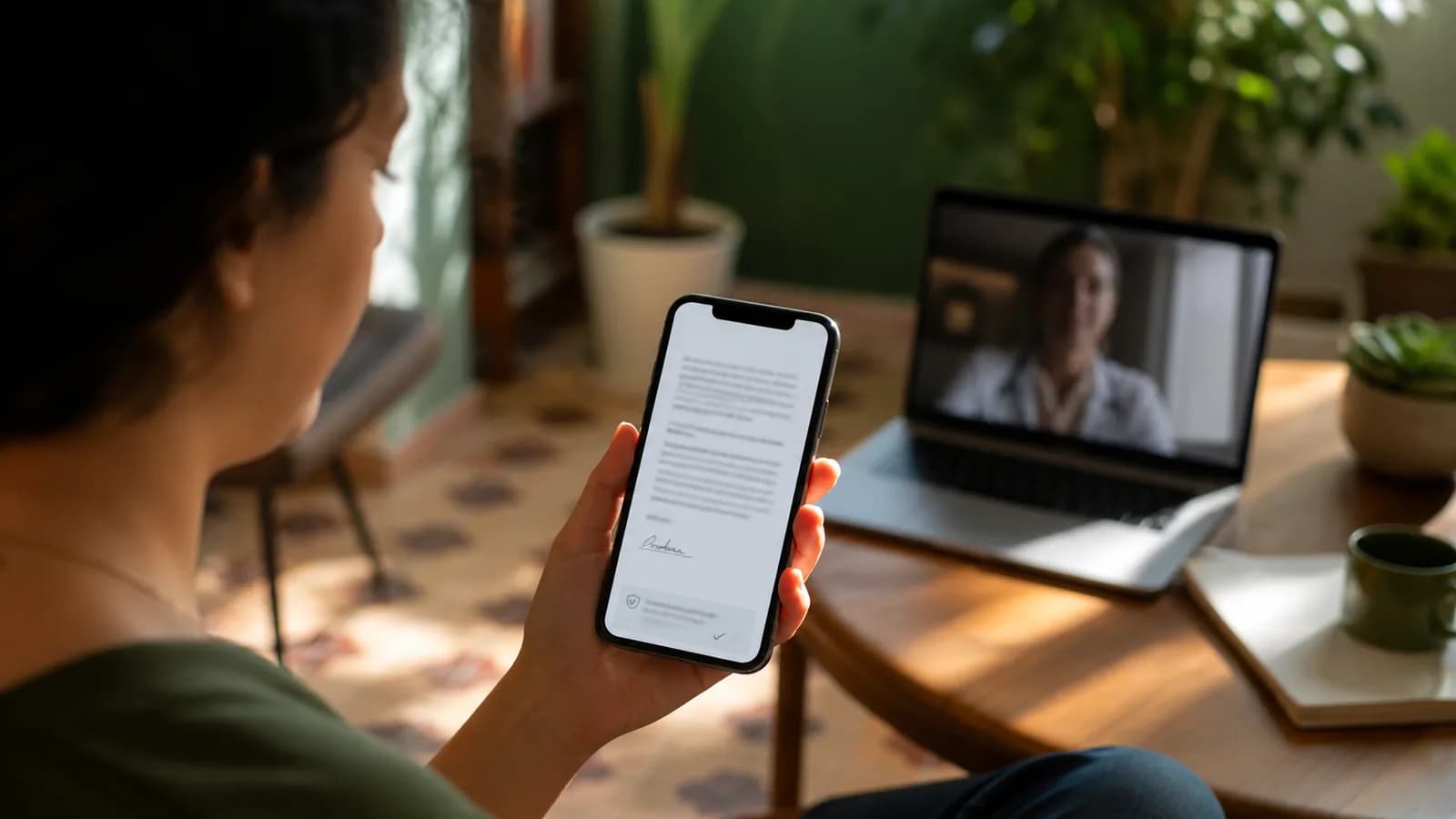 Patient checking a digitally signed medical certificate as a PDF on her phone, straight after the video consultation on the laptop behind.