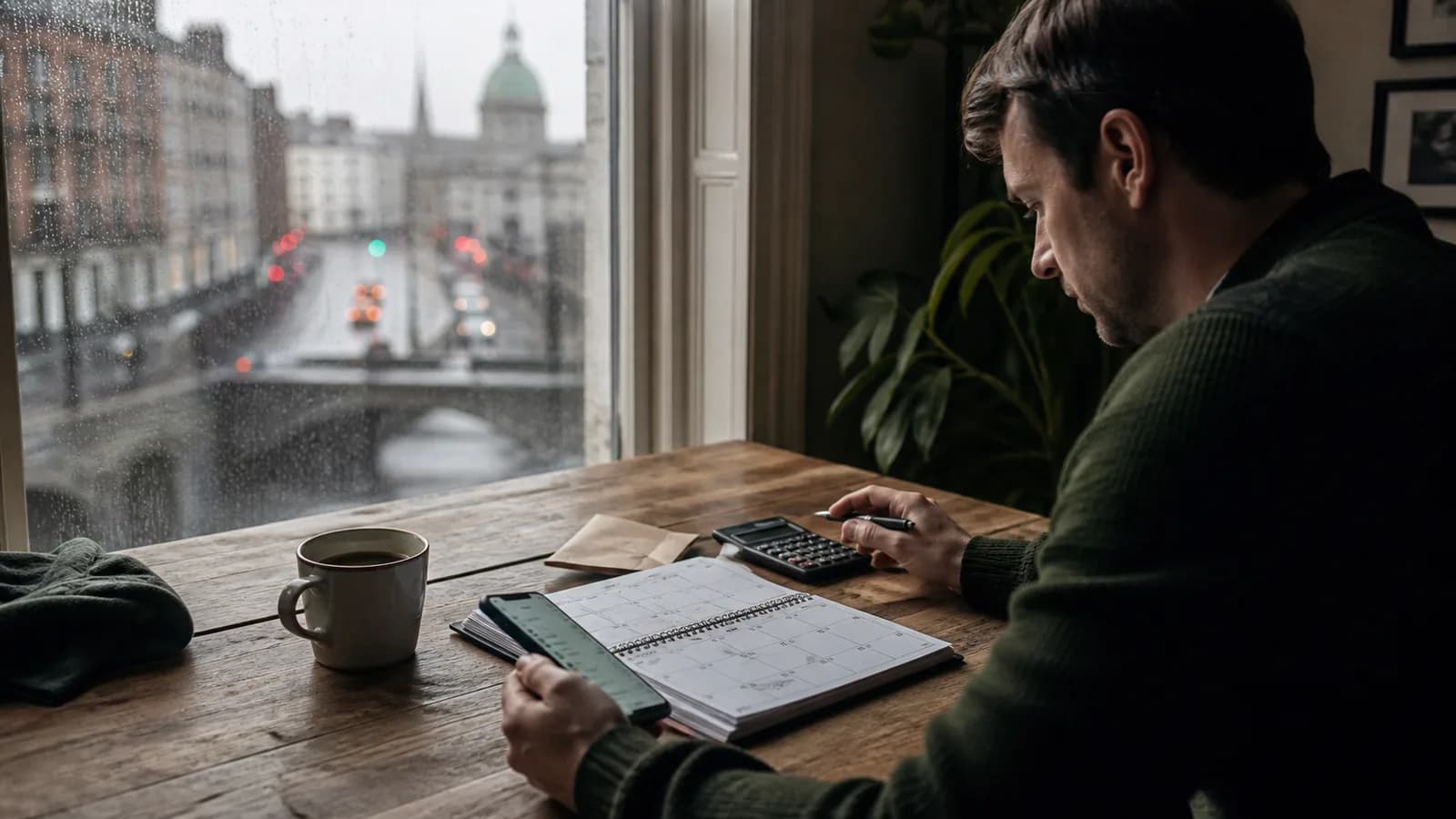 Man reviews a calendar and household finances at home while planning around Ireland's Illness Benefit payments.