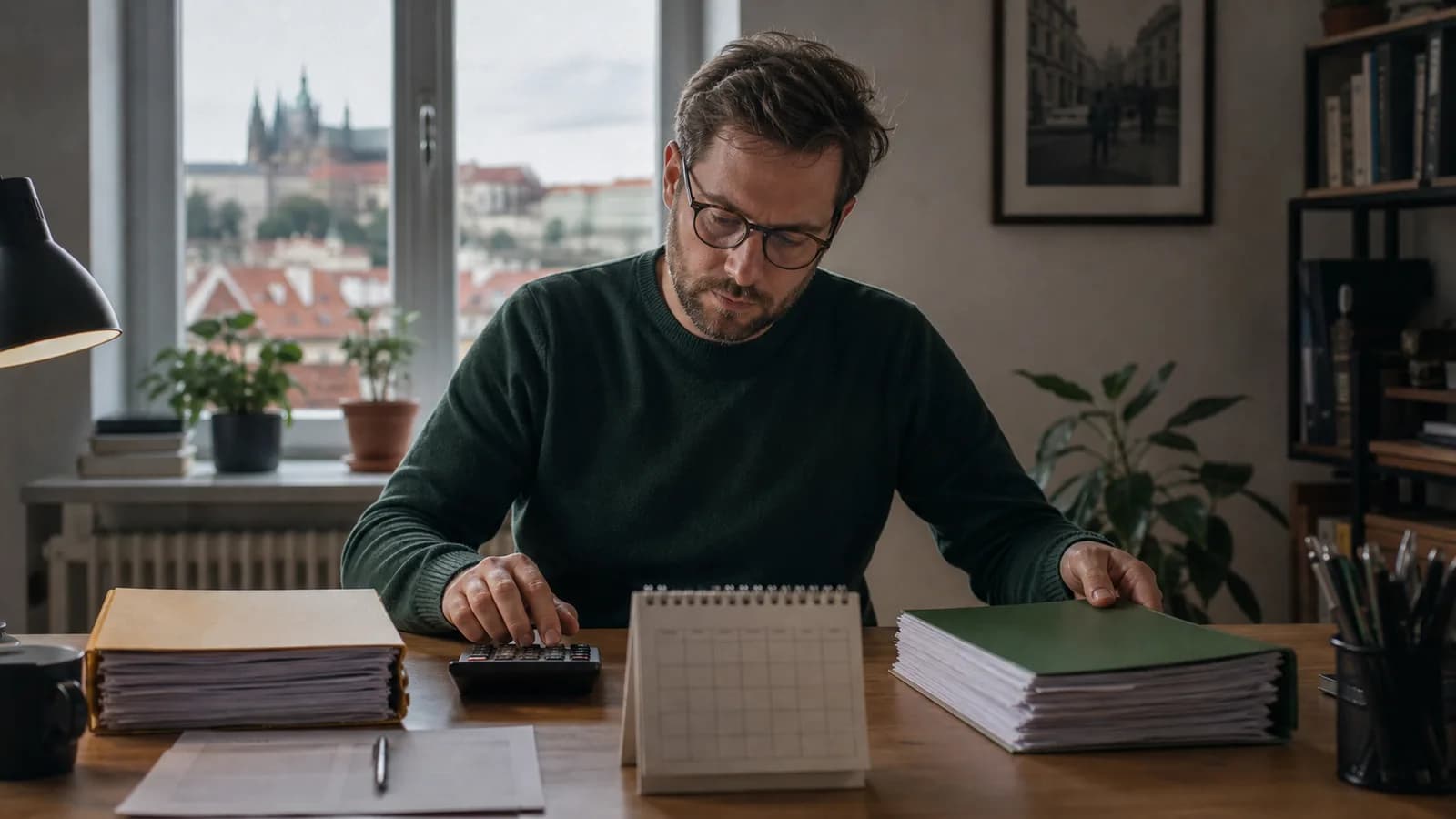 Man calculates Czech sick pay at home using a calendar and separate employer and CSSA document sets.