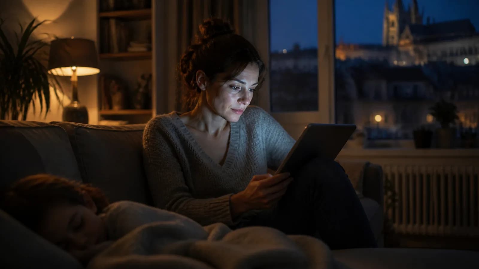 Woman in a Prague flat consulting a doctor by tablet in the evening, night rooftops beyond the window.