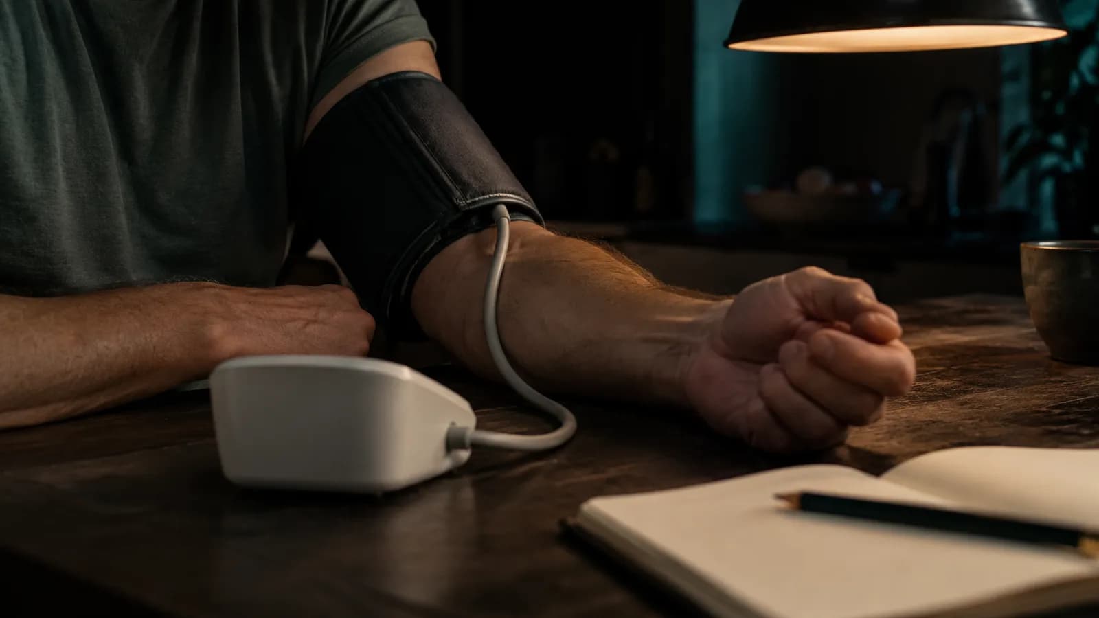 Close-up of an arm with a blood pressure cuff during an evening home reading, with a notebook for recording the values beside it.